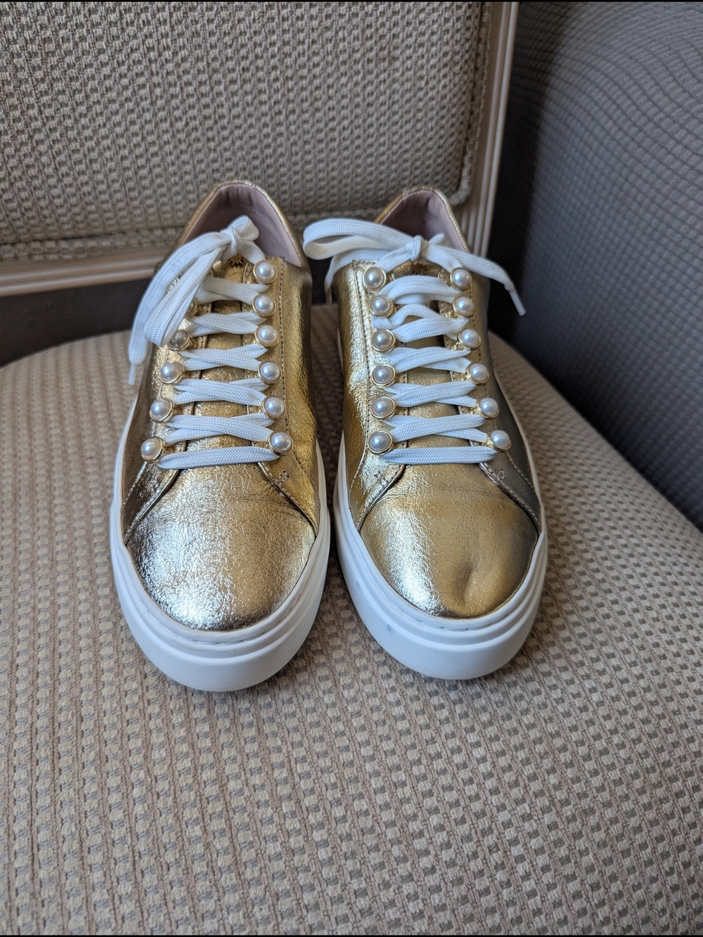 Stuart Weitzman Metallic Gold Pearl-Trim Sneakers